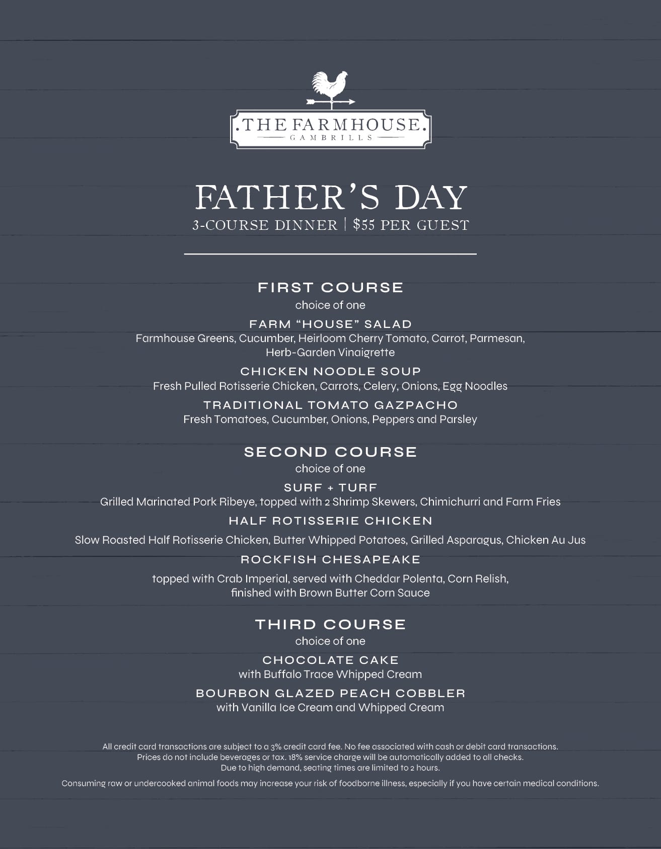 Father’s Day three-course dinner menu at The Farmhouse Gambri ll s on a dark wooden backdrop, with First, Second, and Third Course sections and listed dishes.
