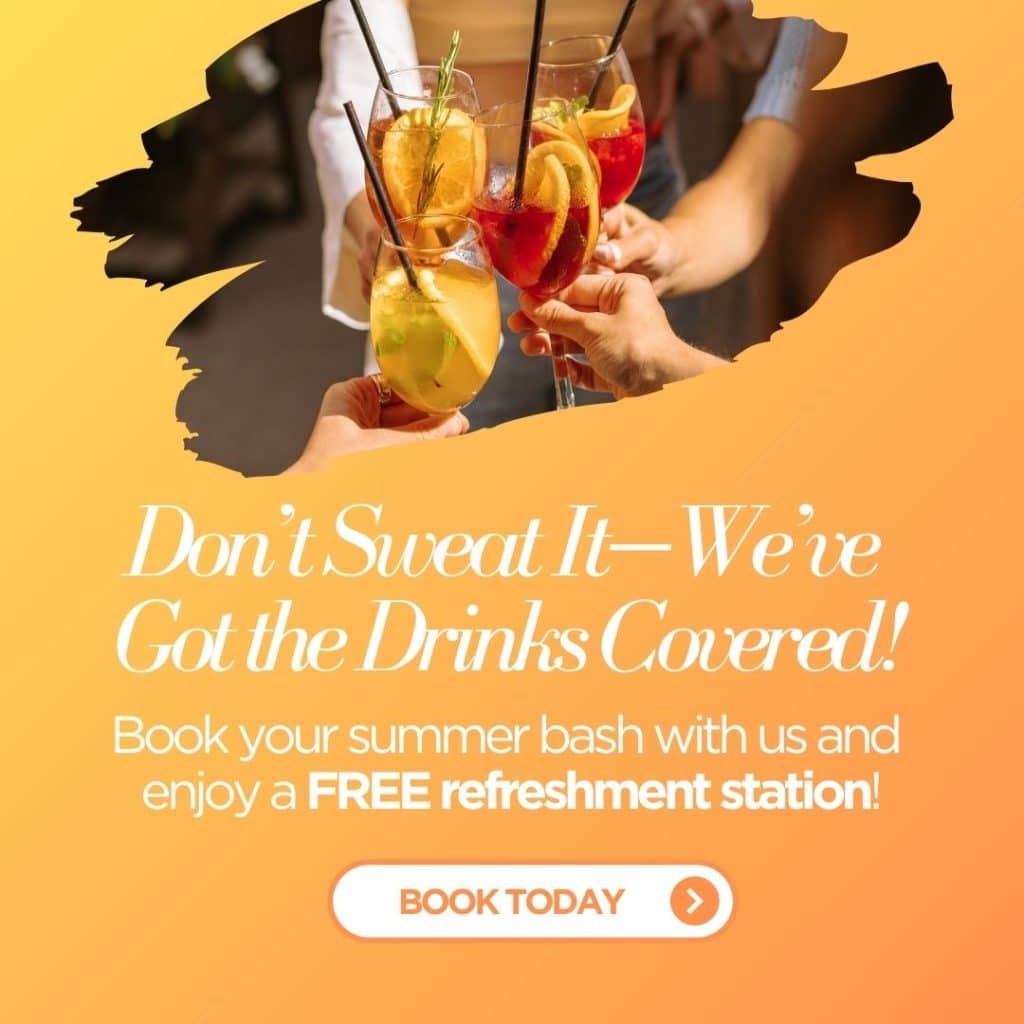 Group of hands clinking colorful cocktails over an orange gradient background; promotional text invites booking a summer bash with a free refreshment station and a prominent 'Book Today' button.